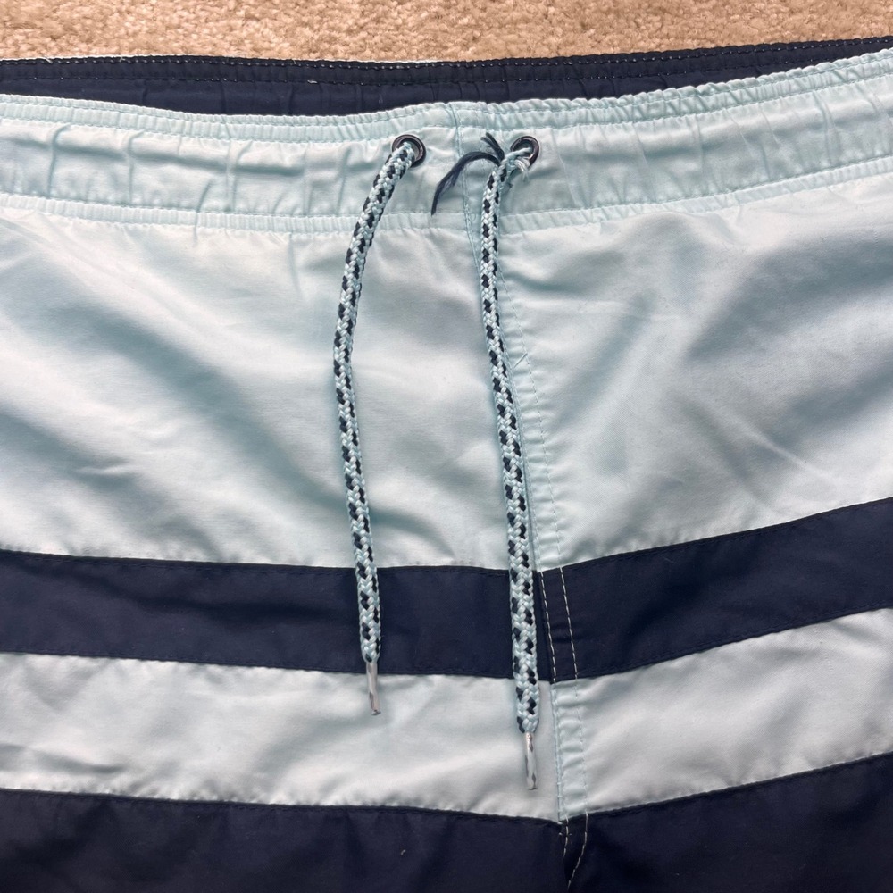 Mens Blue Colorblock Striped Swim Trunks Board Shorts Elastic Waist Drawstring - Picture 2 of 6